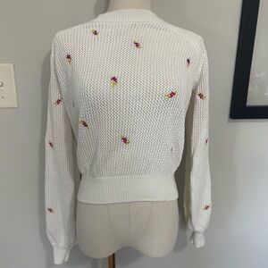 Spiritual Gangster Floral Crew Neck White Sweater with Pink Floral Accents